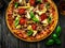 Pizza capricciosa with white mushrooms, ham, artichoke, tomatoes, olives, parmesan and mozzarella on wooden background