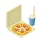 Pizza in Carton and Soda with Straw from Food Court as Self-serve Dinner Isometric Vector Illustration