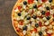 Pizza with Chicken meat, Mozzarella cheese, tomato, olive. Italian pizza