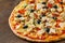 Pizza with Chicken meat, Mozzarella cheese, tomato, olive. Italian pizza