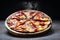 Pizza chilli on wooden plate delicious tasty fast food italian traditional pizza cheese with Mozzarella , Smoked pork sausage ,