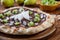 Pizza chocolate pears and kiwi on rustic