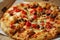 Pizza, close up photo of a delicious pizza with mozzarella cheese, onions, meat, tomato