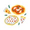 Pizza collection, various pizza slices, pepperoni and margherita, fast food illustration for pizzeria delivery service