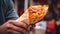 Pizza cone, delicious street fast food in hand with tasty meat , generated AI