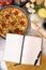 Pizza cooking background, cookbook, ingredients, copy space
