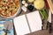 Pizza cooking background, cookbook, ingredients, white copy space