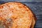 Pizza crust close up. Appetizing quattro formaggi cheese pizza o