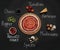 Pizza crust, ingredients and chalk written product`s names on black background