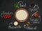 Pizza crust, ingredients and chalk written product`s names on black background