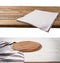 Pizza cutting board. Empty tablecloth set and wood table isolated on white background. Selective focus. Place for food. Top view.