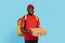 Pizza Delivery. Black Courier Man In Uniform Holding Stack Of Cardboard Boxes