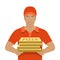 Pizza delivery boy holding cardboard boxes