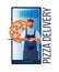 Pizza delivery concept in cartoon flat style with smiling bearded chef, smartphone screen, pizza slices.