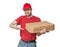 Pizza delivery concept. Young smiling boy holds boxes with pizza.