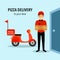 Pizza delivery man holding pizza cardboard boxes in front of his scooter. Pizza boy deliver pizza at customer house concept vector