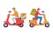 Pizza Delivery Service Man in Cap and Helmet Riding Scooter with Bag Vector Set