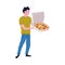Pizza Delivery Service Man Holding Open Cardboard Box with Hot Round Dough Topped with Salami Vector Illustration