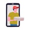 Pizza Delivery Service Man in Red Cap Holding Cardboard Box Peeped Out from Smartphone Screen Vector Illustration