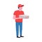 Pizza Delivery Service Man in Red Cap Holding Cardboard Box Vector Illustration