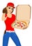 Pizza delivery woman holding a hot pizza