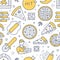 Pizza delivery yellow seamless pattern. Vector background included line icons as courier, cheese, hit, rolling pin