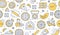 Pizza delivery yellow seamless pattern. Vector background included line icons as courier, cheese, hit, rolling pin, oven