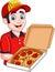 Pizza deliveryman holding open cardboard box with pepperoni pizza