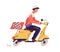 Pizza deliveryman ride on scooter vector flat illustration. Male courier express delivering pizzeria order isolated on