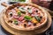 Pizza diavolo traditional italian meal from spicy salami peperoni chili onion olives and basil