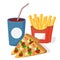 Pizza drink in a disposable Cup and French fries.