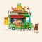 Pizza food truck. Street food car with chef. character design -