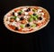 Pizza with ham, mozzarella cheese, pepper and olives menu chalkboard background background. Pizza with salami, ham and bacon.