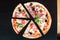 Pizza with ham, mozzarella cheese, pepper and olives menu chalkboard background background. Pizza with salami, ham and bacon.