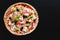 Pizza with ham, mozzarella cheese, pepper and olives menu chalkboard background background. Pizza with salami, ham and bacon wi