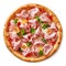 Pizza with ham, quail eggs, tomato pelati sauce, mozzarella and greens isolated on white