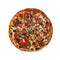 Pizza with ham, sausage, meat, pepper and olives as food background