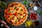 Pizza with ham, tomatoes, olives, parmesan and mozzarella on wooden background