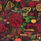 Pizza hand drawn seamless pattern with olives, words, tomatoes and slices on dark background for banners, wrapping paper