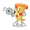 Pizza happy hold handy loudspeaker mascot vector cartoon illustration