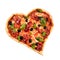 Pizza heart love Valentine`s Day romantic Italian restaurant dinner food. Prosciutto, olives, tomatoes, parsley, basil