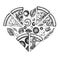 Pizza heart vintage design. Hand drawn greek, margherita, pepperoni, veggie, ham and mushrooms and seafood pizzas.