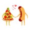 Pizza and hot dog love. Piece of pizza and sausage holding hands