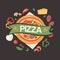 Pizza house with ingredients banner, poster vector illustration. Premium food with sausages, cheese, vegetable such as