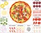 Pizza ingredients. Vector template for creating your own pizza from ingredients: dough, sausage, bacon, tomatoes, mushrooms,