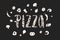 Pizza lettering with hand drawn elements of pizza.Textured