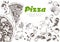 Pizza line banner. Engraved style doodle background. Savoury pizza ads with illustration rich toppings dough. Tasty