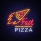 Pizza logo emblem neon sign. Logo in neon style, bright neon sign with Italian food promotion, pizzeria, snack, cafe