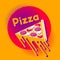 Pizza logo. Funny cartoon illustration. Large piece of pizza with stretchy melted cheese.