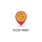 Pizza logo pointer pin location pizzeria fastfood point. Italian tasty round pizza with salami, tomato, mushrooms, cheese, basil